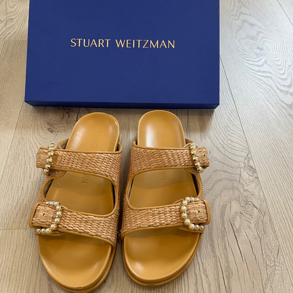 Stuart Weitzman Straw Piper Slides Sandal With Pe… - image 5